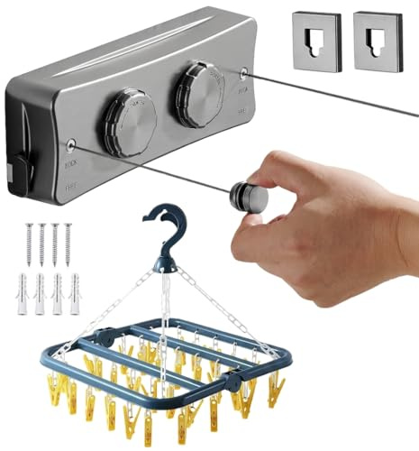 LIRIF ®️ Pack Tendedero Retractil Pared Doble 10.2m Acero Inoxidable + Perchero 32 Pinzas | Tendedero Extensible Pared Interior y Exterior | Intalacion con Tornillos | Color Gris
