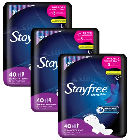 Stayfree Ultra Thin Overnight Pads with Wings, For Women, Reliable Protection and Absorbency of Feminine Moisture, Leaks and Periods, 40 count - Pack of 3