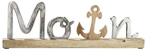GILDE Schriftzug Moin auf Holzbase Schriftzug aus Aluminium, Sockel + Anker aus Mangoholz Länge 43,0 cm Breite 5,0 cm Höhe 14,0 cm 48811