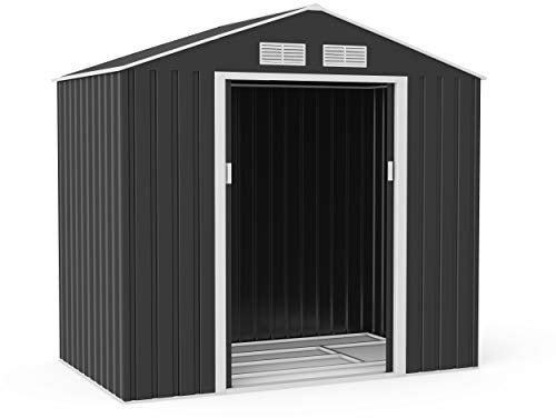 BillyOh 7x4 ft Portland Apex Garden Storage Shed, Dark Grey — Tough Galvanised Metal Sheds with Base, Air Vents, Lockable Sliding Doors - Small Garden Shed for Tools, Equipment and Bike Storage