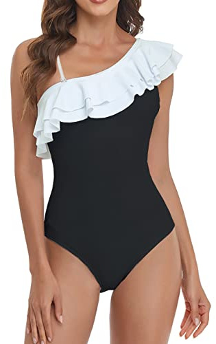 NLAND Traje de Baño Una Pieza para Mujer Bañador para Mujer Volante de un Hombro Conjunto de Bikini Push Up Acolchado Traje de Baño(Blanco + Negro,L)