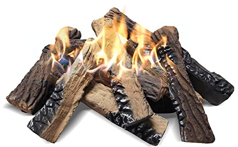 Skypatio 10-Piece Gas Fireplace Logs Set, Heat Resistant Realistic Ceramic Wood Logs for Indoor or Outdoor Fireplace, Fire Pit Decor, Lightweight & Portable