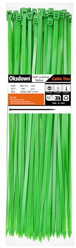 Oksdown 100 Pack Green Plastic Cable Ties 300mm×3.6mm Heavy Duty Nylon Garden Zip Tie Multi Purpose Premium 12 inch/30 cm Tie Wraps
