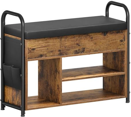 VASAGLE Shoe Storage Bench, Shoe Rack, Entryway Furniture, Inner Storage Under the Lid, PU Pockets, Convenient Handles, for Entryway, Living Room, Bedroom, Rustic Brown and Ink Black LSB052K02