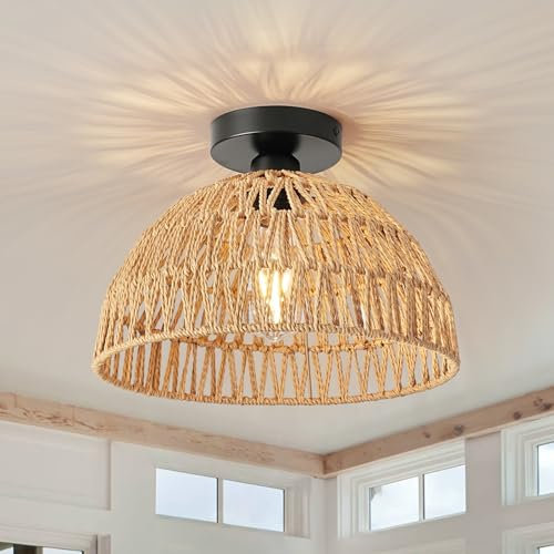FORCOSO Deckenleuchte Rattan, Boho Lampe Decke mit Natürlicher Rattan Lampenschirm, E27 Vintage Deckenlampe, Rustikal Braun Kronleuchter Für Wohnzimmer Schlafzimmer Esszimmer Küche Flur