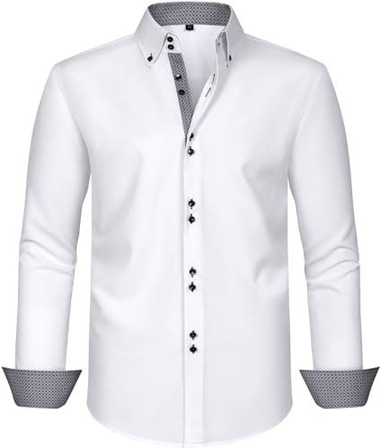 Misfuso Chemise Homme Manche Longues Chemise Habillée Chemise Casual Slim Regular Fit Blanc XL