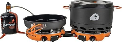 Jetboil Genesis Base Camp Compact 2 Burner Cooking System Isobutane Powered Solo Meals Large Group Cooking 10 Fry Pan 5ltr Flux Ring Cookpot Carry bag Windscreen Fuel Regulator Fuel Can Stabilizer