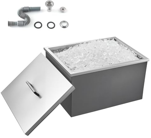 VEVOR Hielera Empotrable de 42,9 L, Contenedor de Hielo de Acero Inoxidable, Depósito de Hielo 558 x 430 x 310 mm con Tapa para Exterior y Tubo de Drenaje, para Cocina al Aire Libre, Fiestas