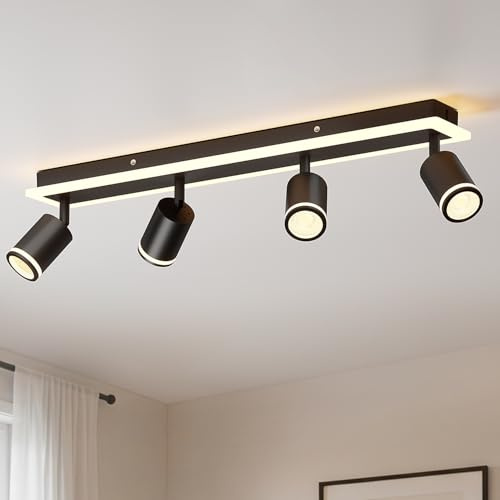 LVWIT Lampara de Techo de 4 Focos Giratorios, Lampara Techo Dormitorio Larga, Lamparas de Techo GU10, Focos Led Interior Negro, Lámparas de Techo para Salon, Cocina, Baño (Sin Bombilla)