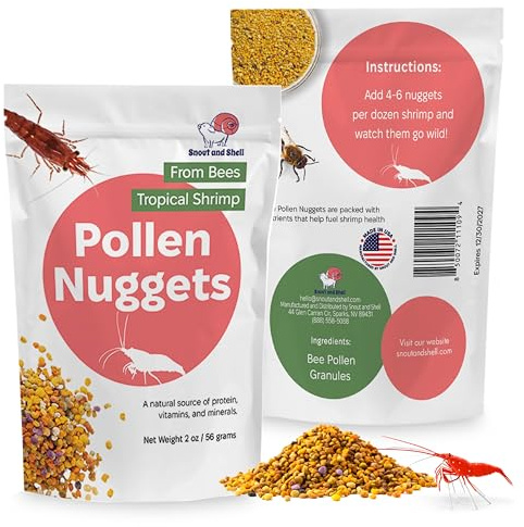 Snout and Shell Bee Pollen Nuggets for Shrimp Tanks – 100% Natural Shrimp Superfood Supplement – Boosts Color, Molting & Breeding – Slow Sinking, Low-Waste Nano Tank Food – 2 oz