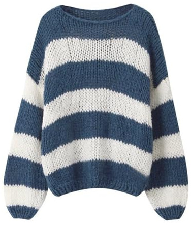 RUINIXCW Women's Y2K Striped Oversized Knitted Sweater Color Block Long Sleeve Boat Neck Casual Sweatshirt Going Out Clothes (Blue, XL)