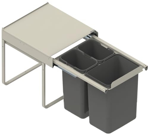 FurniFit Inbyggd papperskorg för 45 cm skåp 3-vägs avfallssystem med lock Soft-Close & fullt utdrag 1 x 20 l 2 x 9 l frontmontering silverfärger