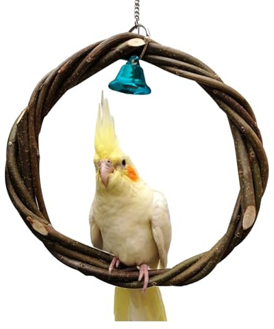 Balançoire pour perchoir à oiseaux – Anneau en bois sûr, cloche ludique, construction robuste à suspendre, matériau à mâcher | Divertissement pour perroquets, accessoire de cage, jouet pour inséparabl