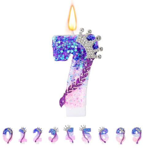 Floruvia Velas Numéricas de Cumpleaños, Velas Moradas Rosadas Para Pasteles, Topper de Pastel de Números Brillantes Con Lentejuelas Para Decoraciones de Aniversario (Corona Trenza, 7)