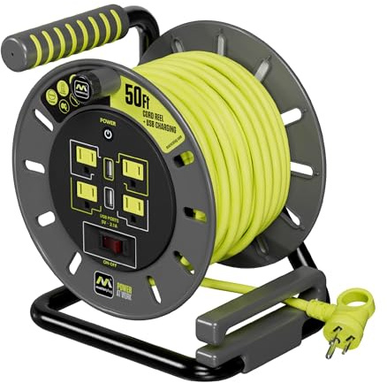 Masterplug 50ft Cord Reel, Retractable Extension Lead with Winding Handle, Safety Overload Circuit Breaker and Power Switch, 4X Grounded Outlets, 2X USB Ports, 13amps, 14AWG Cable