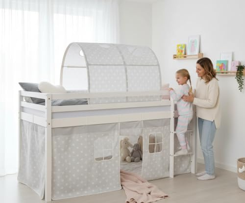 Homestyle4u Hochbett 90x200 Weiß Grau - Kiefer Massivholz Kinderbett