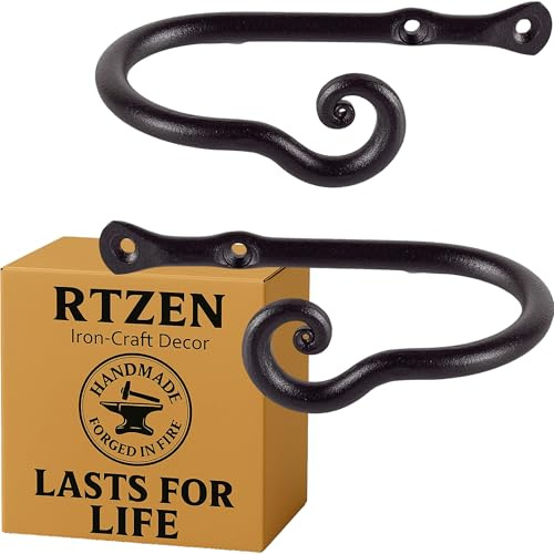 RTZEN Decorative Metal Curtain Tiebacks - Farmhouse Wrought Iron Curtain Holdbacks - Drapery Holders for Wall - Unique Metal Tie Backs for Curtains - 2 Pcs (Black Classic)