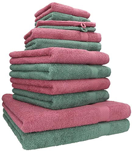 Betz Premium Handtuch-Set 12-teilig – 100% Baumwolle – Oeko-TEX® Zertifiziert – hohe Grammatur – Duschtücher, Handtücher, Gästetücher & Waschhandschuhe - Farbe Beere/tannengrün