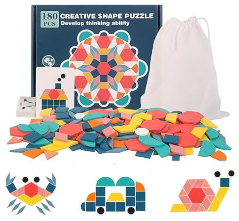 EACHHAHA Tangram Geometrische Formen Holz Puzzle - Kinder puzzle mit Holz klötzen, EIN frühes Montessori-Puzzle mit 180 geometrischen Formen und 24 Designkarten