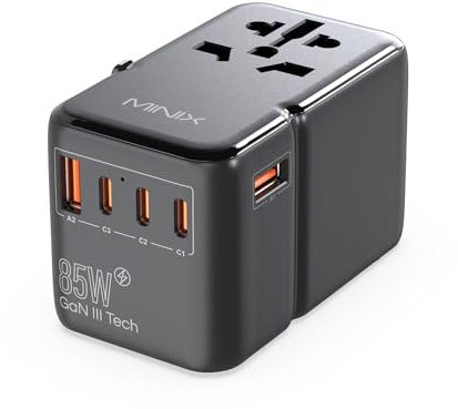 MINIX 85W Universal Travel Adapter, GAN III International Power Adapter, 3 USB-C 2 USB-A Ports, AC Outlet, Worldwide US/UK/EU/AU Travel Charger for Laptops Tablets Phones and More