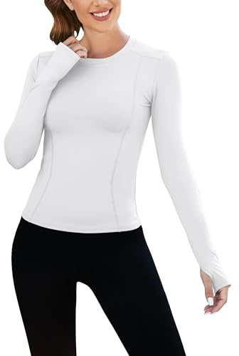 IECCP Maglia sportiva da donna, a maniche lunghe, per yoga, corsa, traspirante, sportiva, slim fit, bianco, L