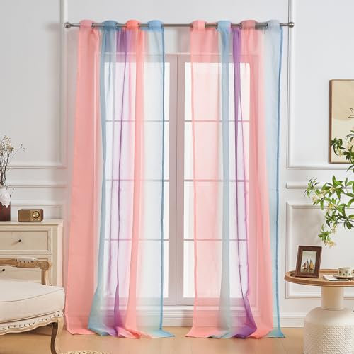 NETMEO Cortinas de dormitorio de niñas, 2 piezas, cortinas semitransparentes de color degradado para dormitorio de niños, sala de estar, habitación temática (rosa, azul, morado, 52 x 96 x 2 pulgadas)