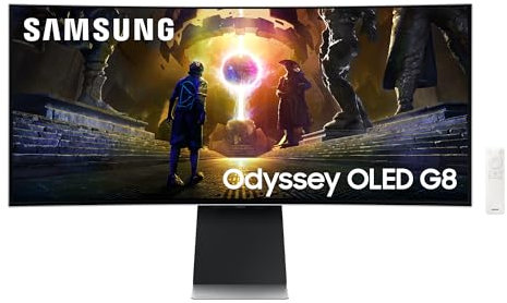 Samsung Odyssey G85SD Curved Gaming Monitor, 34 Zoll, Bildschirm mit QD-OLED-Panel, UWQHD, 3440 x 1440 Pixel, AMD Freesync Premium Pro, Reaktionszeit 0,03 ms, Bildwiederholrate 175 Hz, LS34DG850SUXEN