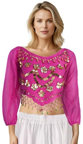 MUNAFIE Bauchtanz Oberteil Bauchtanz Kostüm Damen Pailletten Oberteil Damen 3/4 Ärmel Pflaumengemustertes Tanz Top mit Glocken Rosenrot