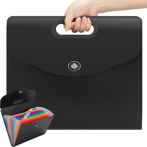 Uquelic Expanding File Organiser with Handle, A4 Size, 13 Pockets Document Folder – Portable Plastic Filing Folder, Concertina Files for Paperwork A4, Home, School, Office (Black)