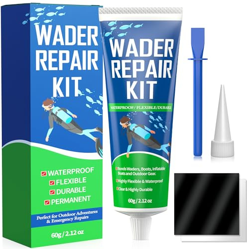 Wader Repair Glue, Flexible Waterproof Clear Seal with Patches, 60ML | UV & Crack-Resistant Bond with Precision Tip for Tears & Holes in Boots, Waders, Wetsuits, PVC Inflatables & Outdoor Gear
