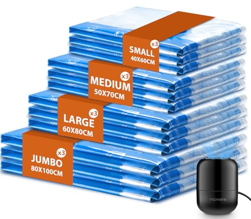 MONVANE Vacuum Compression Storage Bags for Clothes - 12 Pack Reusable Space Saver Bags with Wired Electric Air Pump for travel (3J + 3L + 3M + 3S)