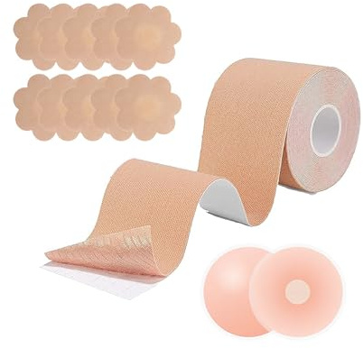 NESTOOK Boob Tape, Breat Lift Tape with 2 Pcs and 10 Pcs Non-Woven Nipple Covers, Reusable Silicone Nipple Covers, Strapless Boobstape Big Breasts, Boob Tape Roll