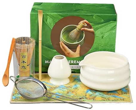 Set de Té Matcha de 7 Piezas – Incluye Chasen (batidor de bambú), Cuenco con Pico, Cuchara, Tamiz y Soporte – Kit de Ceremonia del Té Japonés para Principiantes y Expertos (blanco)