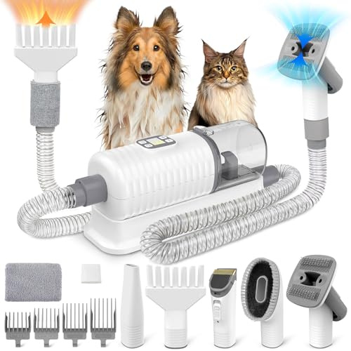 Kit di toelettatura per animali domestici con soffiatore di toelettatura per capelli a vuoto, con aspirazione potente da 16000pa 99% peli da compagnia, 7 su 1 aspirapolvere da toeletta per animali