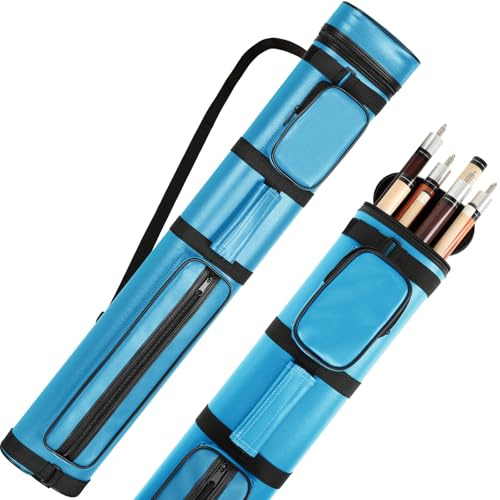 AKLOT Pool Stick Case 3×3/4×4, Leather Hard Pool Cue Case for 1/2 Billiard Cues, Professional 6/8-Tube Billiard Cue Stick Carrying Cases & Multi-Pockets, Shoulder Strap, Handle (Light Blue, 8-Tube)