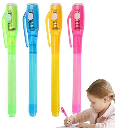 Lot de 4 stylos à encre disparaissante avec lumière UV – Stylo UV et marqueur traceur | Marqueur permanent lavable pour Halloween Pe.n encre invisible pour message secret pour réunion entreprise école