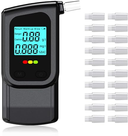 RUTIDA Breathalyzer, Alcohol Tester UK Breathalysers with 20 Mouthpieces, Professional Dual Sensor Digital Breathalyzer with Digital Blue LCD Display