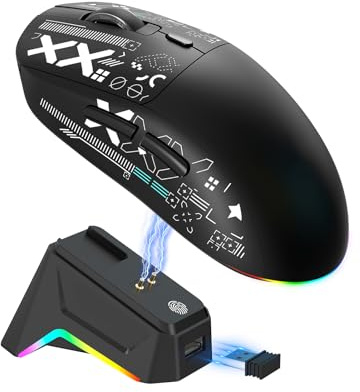 Fockety Wireless Gaming Mouse, 12000 DPI Tri Mode 2.4G/USB C/Bluetooth 5.3 Computer Mouse, Rechargeable RGB Mouse with 7 Programmable Buttons, RGB Backlit & Magnetic Charging Base (Black)