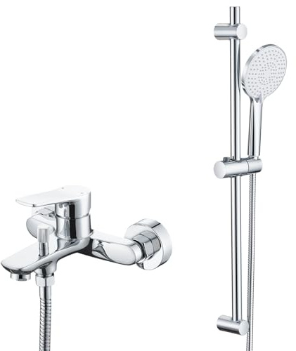 Auralum Rubinetto Vasca da Bagno con 70 cm Saliscendi Doccia Acciaio Inox Regolabile, Rubinetto Vasca da Bagno con Doccetta 3 Geti e Tubo Doccia 1,5 m, Miscelatore Vasca da Bagno in Ottone Cromato