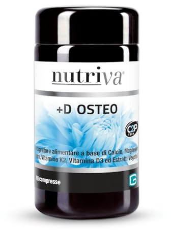 NUTRIVA +D Osteo, Integratore Alimentare a Base di Calcio, Magnesio, Boro, Vitamina K2, Vitamina D3, Ideale per la Salute delle Ossa, Carenza di Minerali, 100% Naturale e Vegano, 60 Compresse