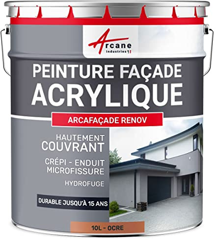 ARCANE INDUSTRIES Peinture Façade Hydrofuge Acrylique - Mur, Crépi, Béton - Imperméable Haute Résistance 15 Ans - 10 L (+ ou - 60 m² en 1 Couche) Ocre - RAL 050 60 40