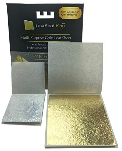GoldleafKing 24K Edible Gold Leaf Sheets x 10 sheet | Large 3.15 inches | edibles edible paper edible cake decorations edible paint 24k gold foil paper gold sheets | + Free Silver Leaf x 10