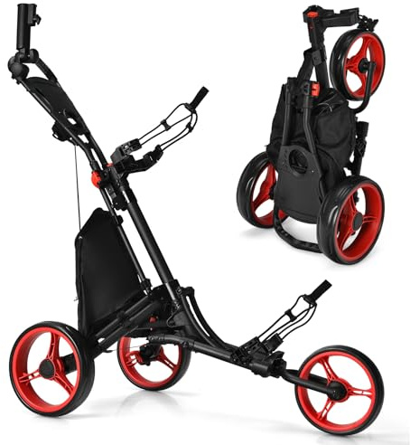 SPOTRAVEL 3 Wheel Golf Trolley, Folding Golf Cart with Storage Bag, Umbrella Holder, Foot Brake & Built-in Cooler, Portable Golf Push Trolley(Red,Without Detachable Seat,122 x 69 x 98-114cm)