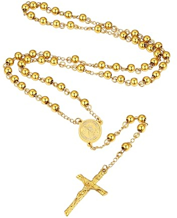 Supcare Gold Rosary Beads Necklace for Women, Stainless Steel Saint Michael Archangel Pendant Necklaces, Catholic Gifts for Grandma Wife