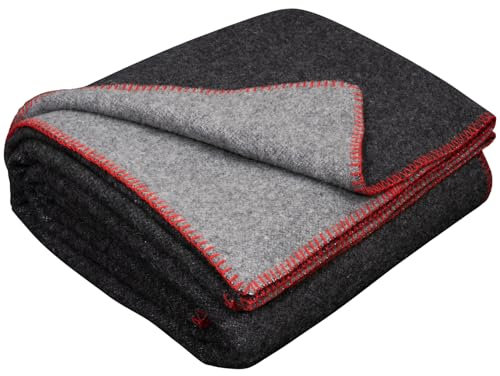LYHome Merino Decke Wolldecke - Reisedecke Picknickdecke Campingdecke, Militär Kuscheldecke Tagesdecke, Flauschig Schafwolldecke Sofadecke Blanket Outdoor Wohndecke (130x170 cm, Grau - Dunkelgrau)