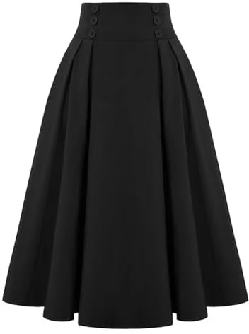 Jupe mi-Longue à Carreaux pour Femmes, Vintage, Taille Haute, plissée, avec Poches, élégante, évasée, Ligne A, Taille élastique, Noir, XL