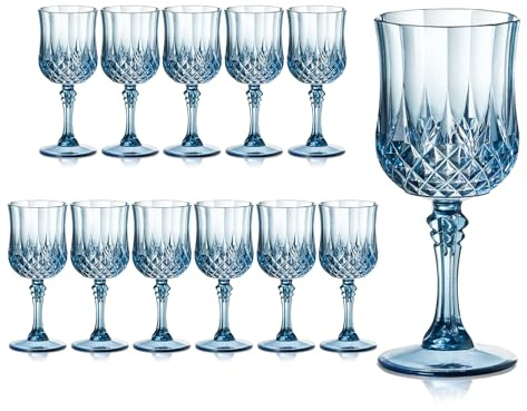 12 Pieces 7 oz Plastic Wine Glasses Blue Reusable Vintage Wine Goblets Blue Plastic Gin Glasses Unbreakable Drink Glasses Water Goblets for Parties Weddings Outdoor Events BBQ Picnics