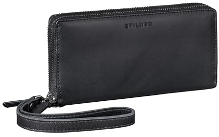 STILORD Poppy 3-in-1 XL Leder Geldbörse Damen Groß mit Handyfach 12 Kartenfächer Doppelter Reißverschluss RFID-Schutz Clutch Echtleder Portemonnaie mit vielen Fächern Farbe:schwarz