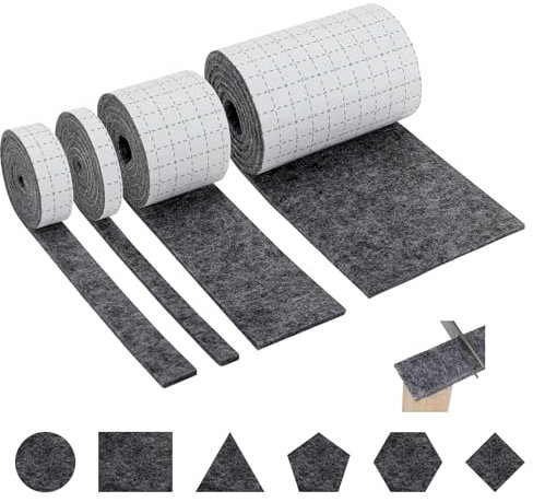 Zikenis Filzgleiter selbstklebend, 4 Rollen Filz Selbstklebend, 100 cm x 10 cm, 100 cm x 5 cm, 100 cm x 2 cm, 100 cm x 1 cm, Beliebige Form Zuschneidbar, Stark Filzstreifen Stühle und Möbelfüße, Grau