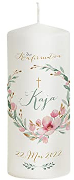 Scheinvoll® Konfirmationskerze Kirschblüten personalisiert mit Namen, Datum und Spruch - Modell Kaya - Andenken und Dekoration zur Konfirmation (20 x 8 cm)